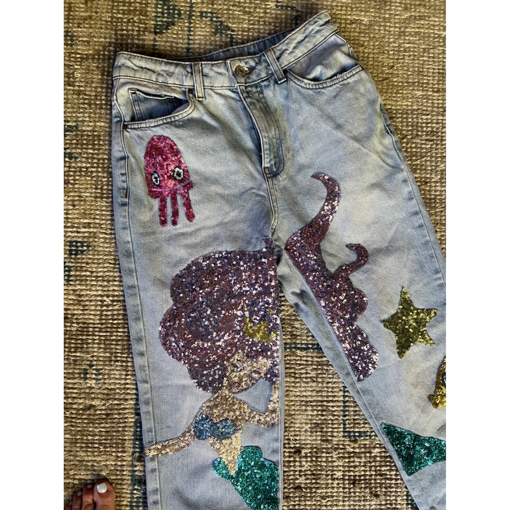 Topshop Mermaid Sequin Jeans Light Wash Ocean/Sea Life  Whimsical Art to Wear - Picture 9 of 15